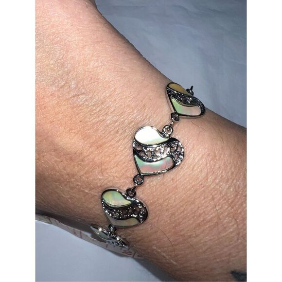 Vintage Silver Tone and Abalone Heart Link Bracelet - Picture 1 of 6